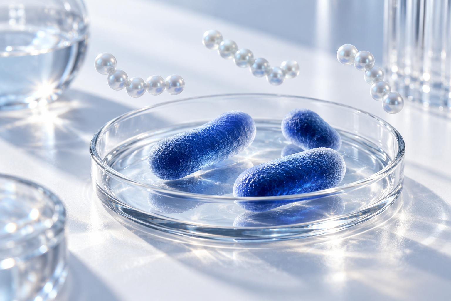 A Petri dish, stylised microorganisms and peptide chains representing laboratory research.
