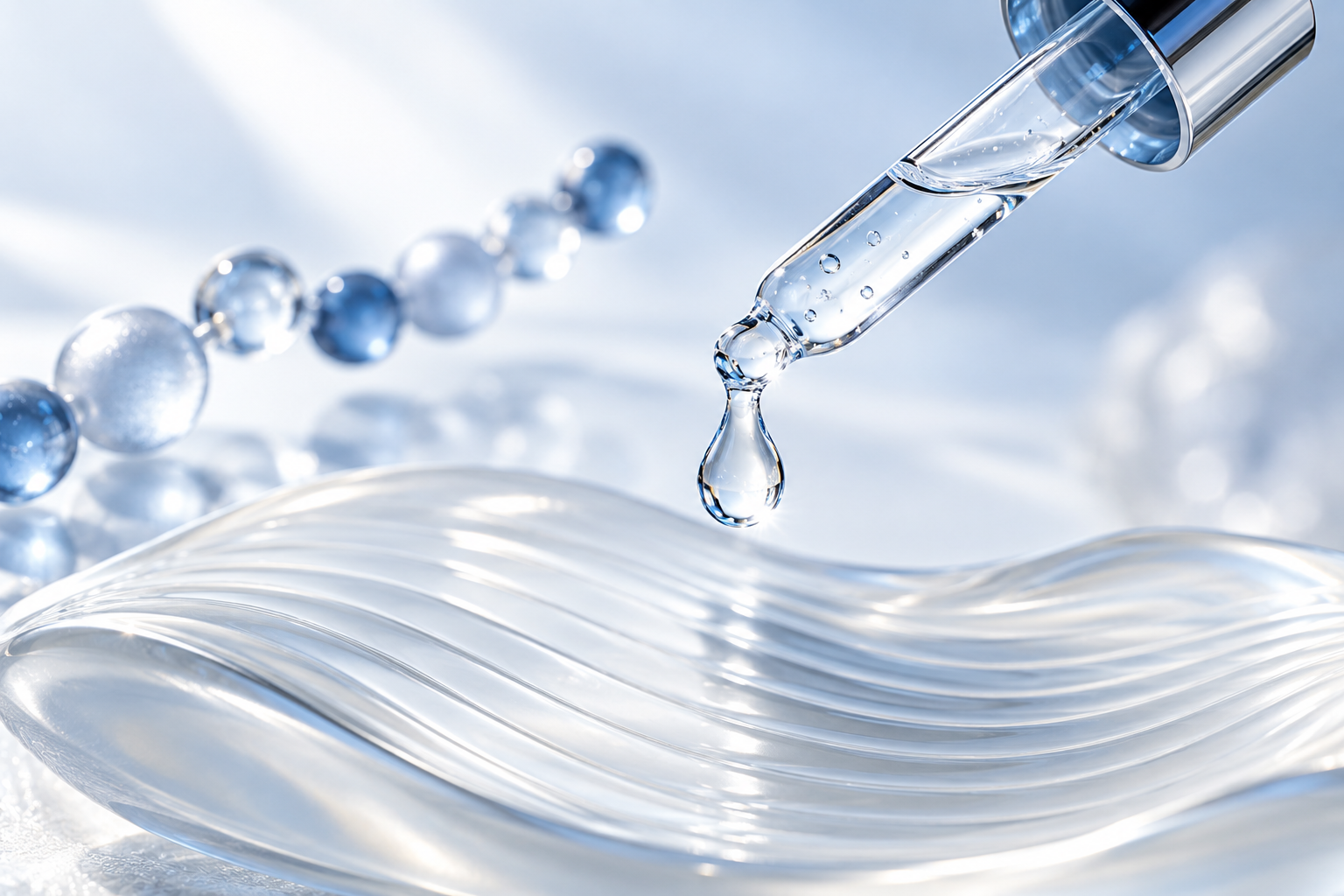 A drop of serum above a textured surface, illustrating Argireline skincare research.