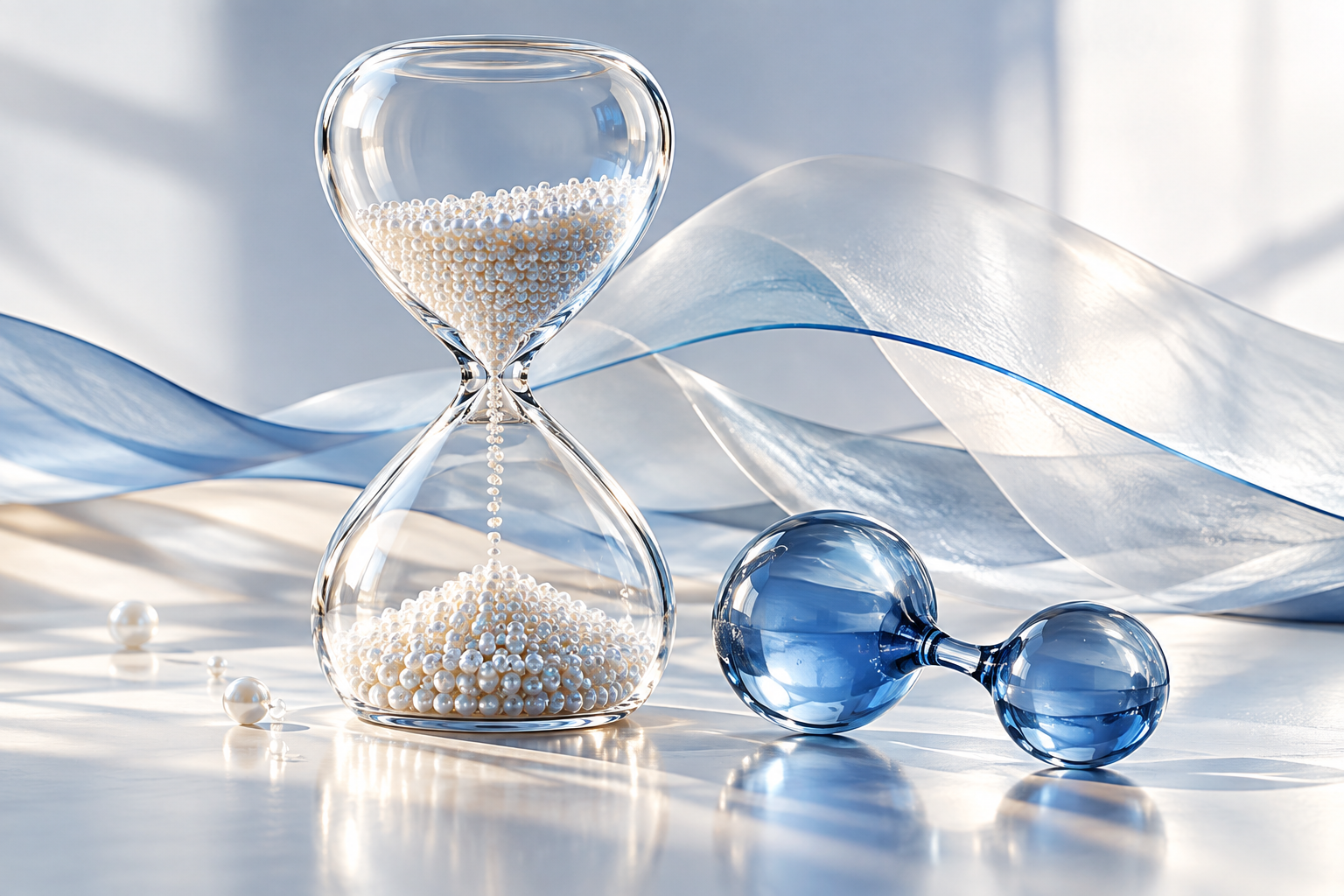 An hourglass and paired glass elements representing time and biochemical research.