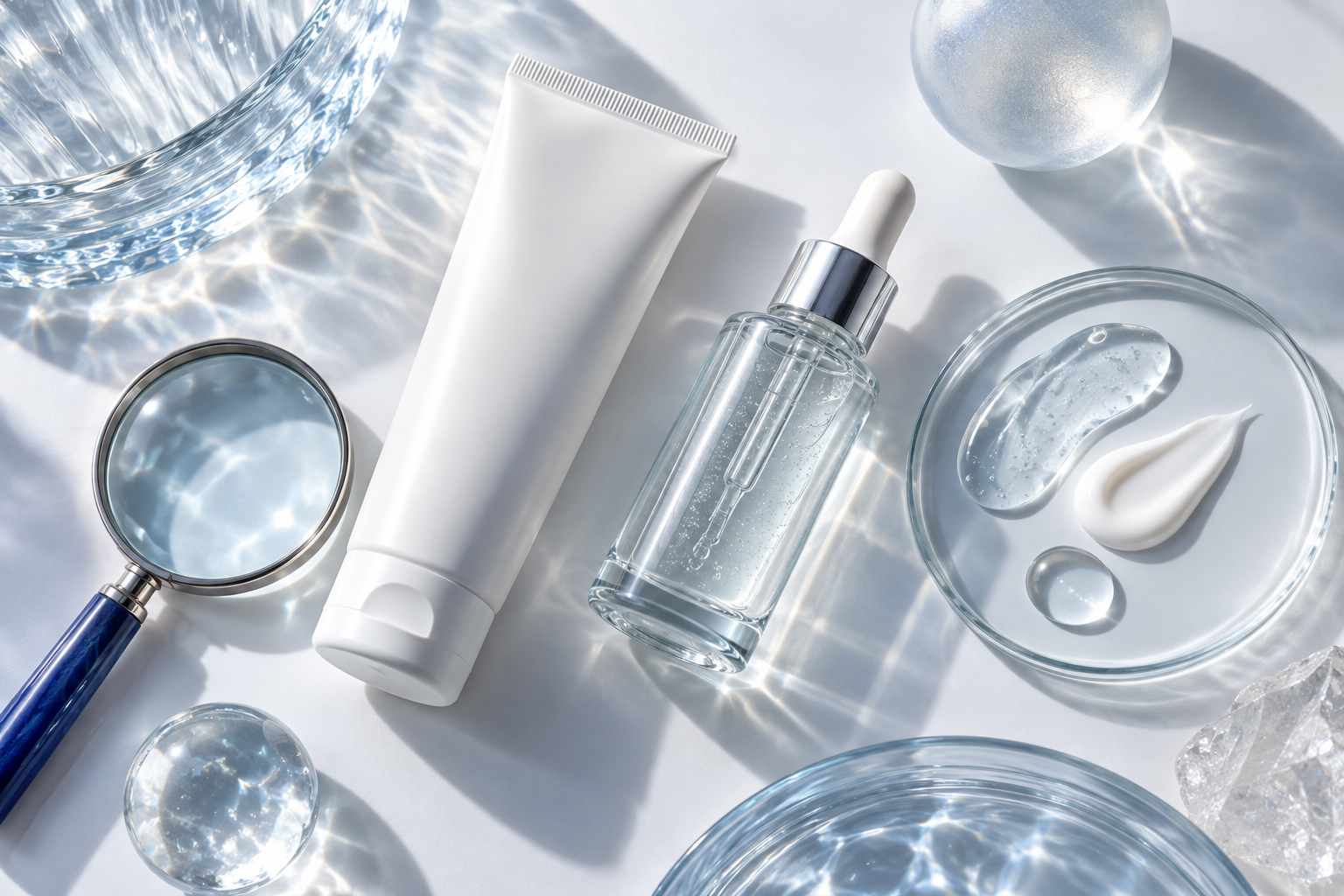 Cosmetic products, textures and a magnifying glass representing a close look at ingredients.