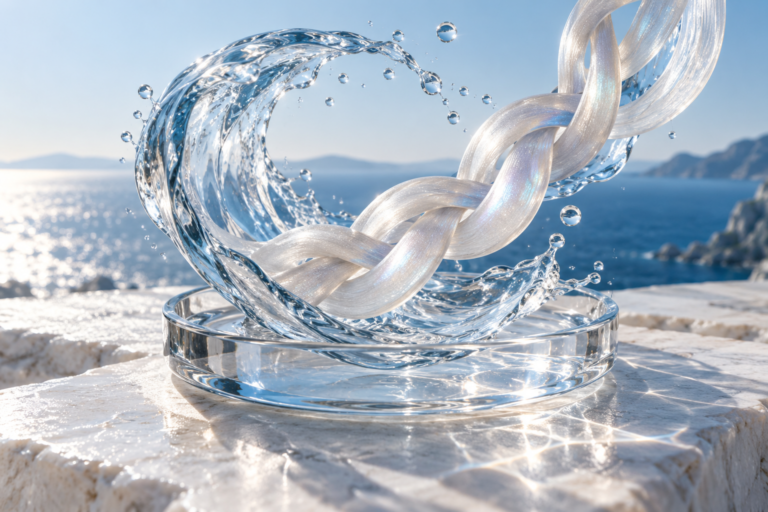 A transparent wave and intertwined threads representing marine collagen.