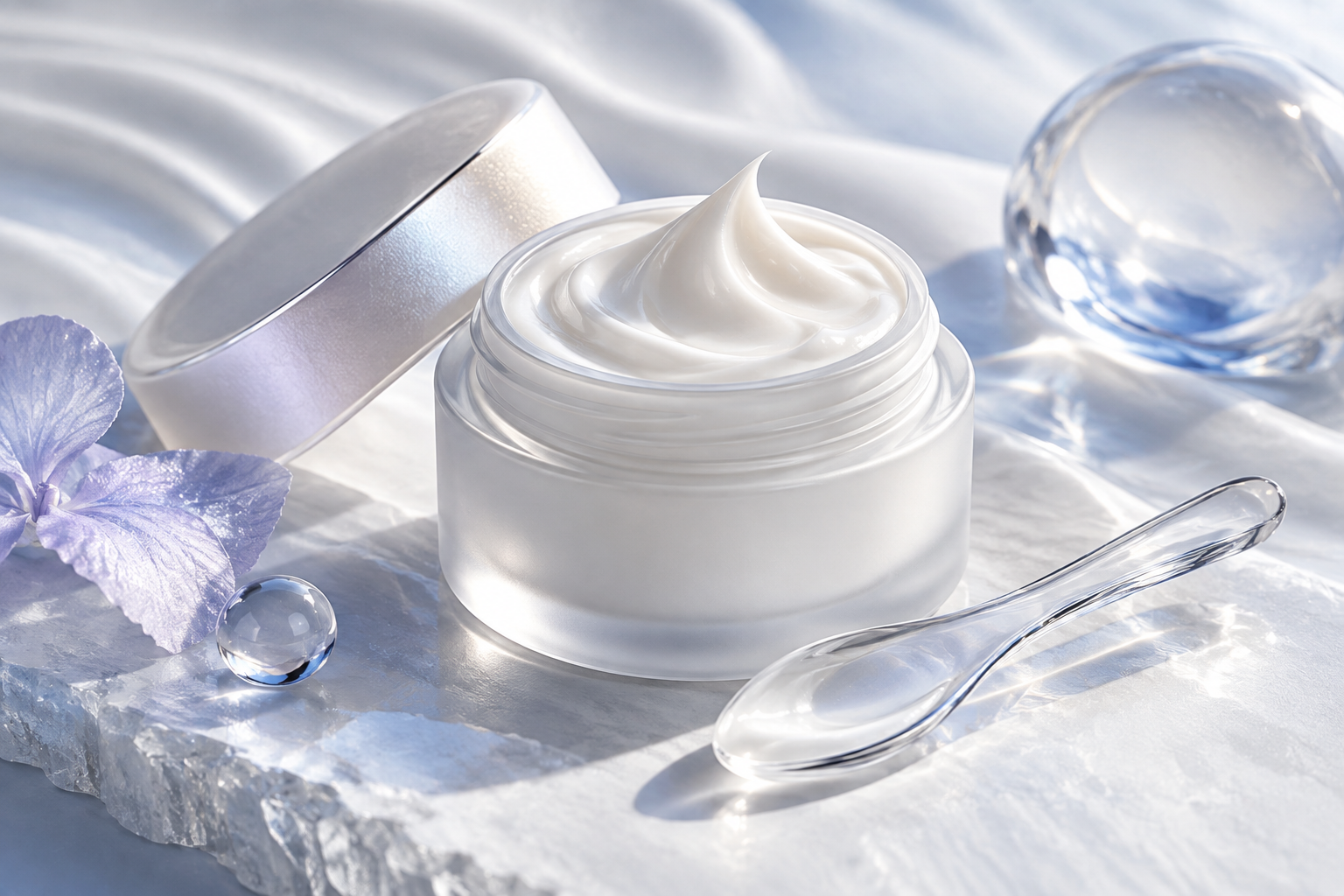 Cream, a glass spatula and a softly textured surface illustrating an assessment of skincare claims.