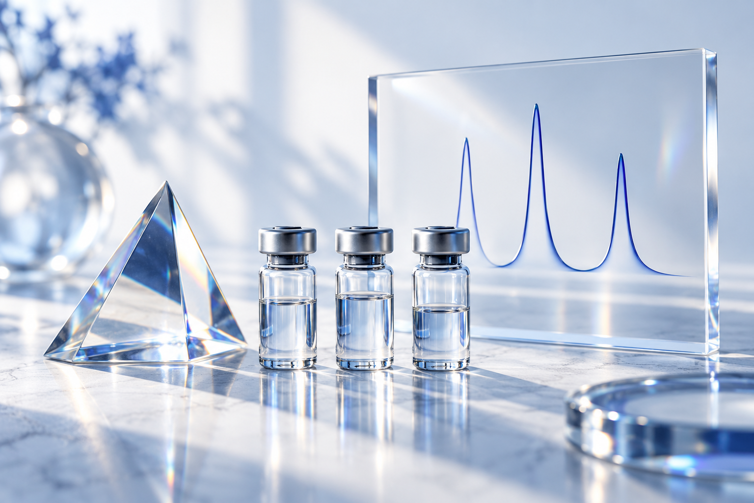 Analytical vials, a prism and stylised peaks representing peptide quality control.