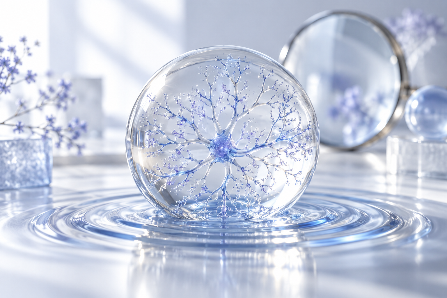 A neuron-like structure and calm ripples on water illustrating anxiety research.