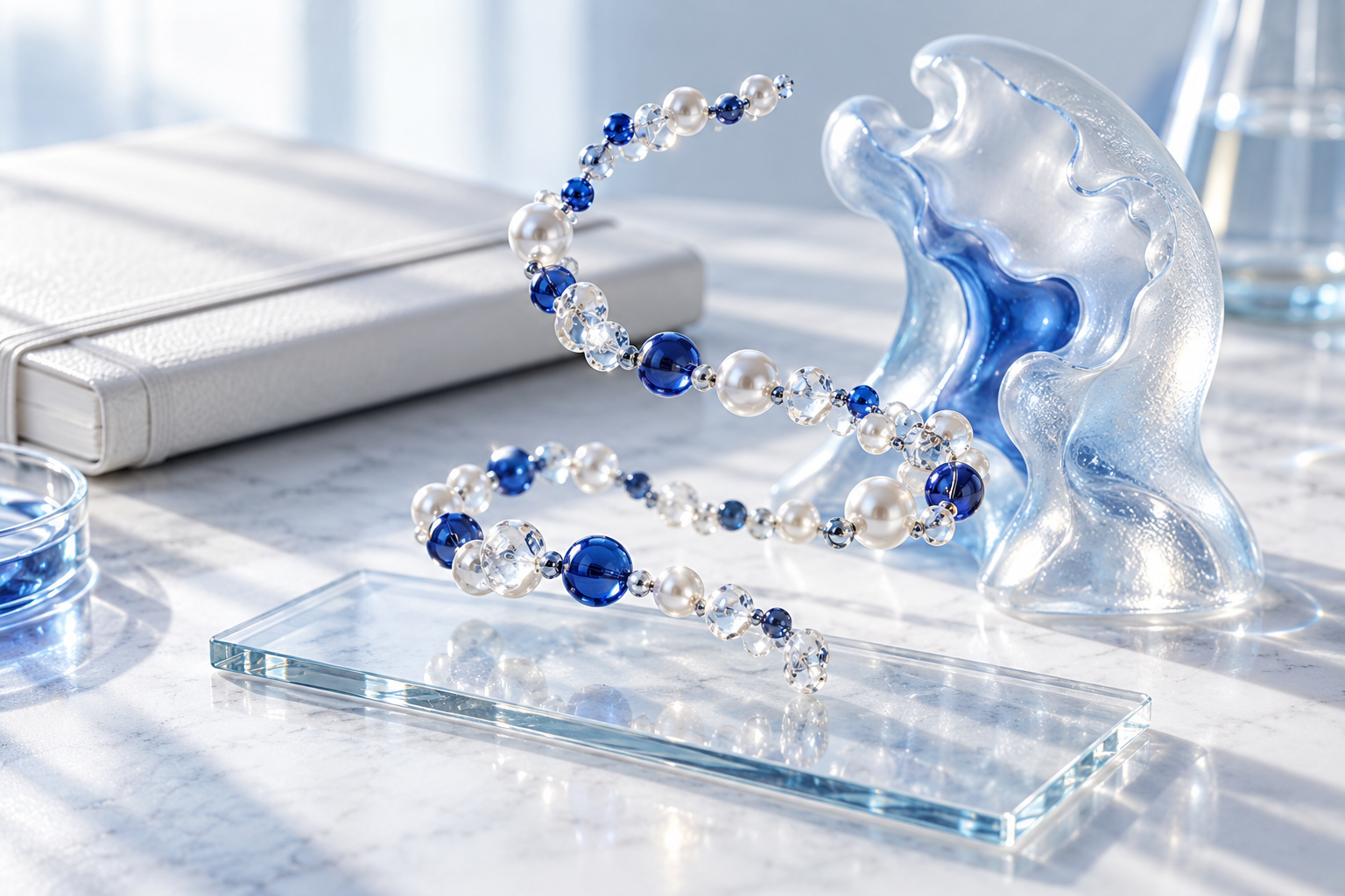 A peptide chain, a stylised receptor and a laboratory notebook representing semaglutide research.