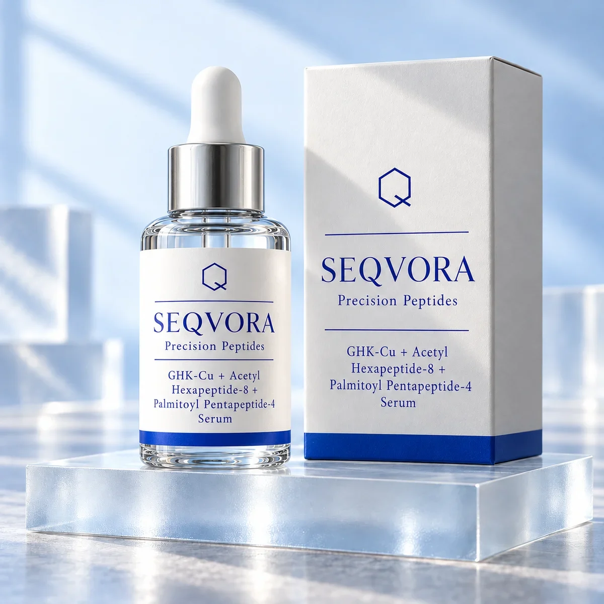 SEQVORA packaging concept: GHK-Cu + Acetyl Hexapeptide-8 + Palmitoyl Pentapeptide-4 Serum